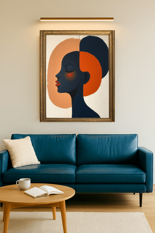 Living room with a blue sofa, wooden coffee table, and abstract art of a woman's profile.
