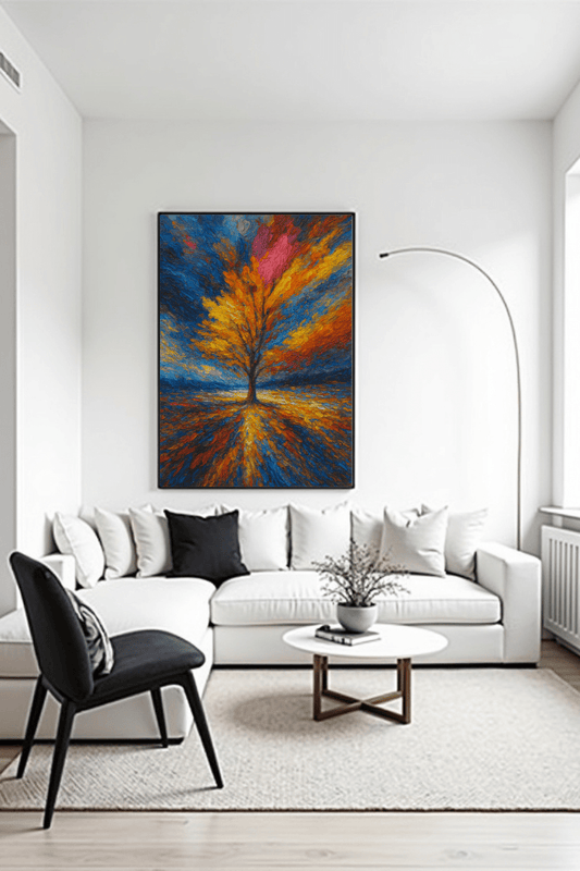 Modern living room with a colorful abstract painting on the wall above a white sofa.