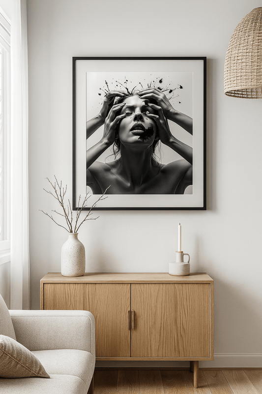 Framed black and white art print on a wall above a wooden cabinet in a living room.