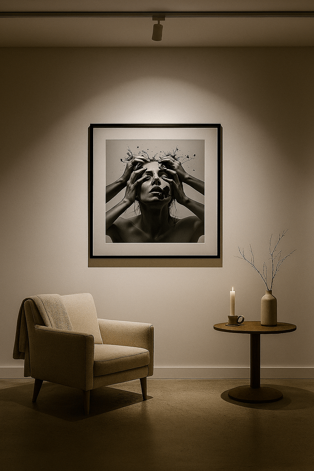 Modern interior with a framed black and white artwork on the wall, a beige armchair, and a small table with a candle and vase.