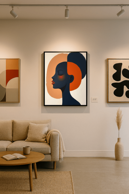 Modern living room with abstract art on the wall