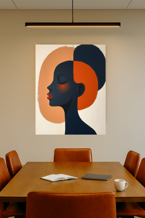 Abstract art of a woman's profile on a wall above a wooden table with chairs.