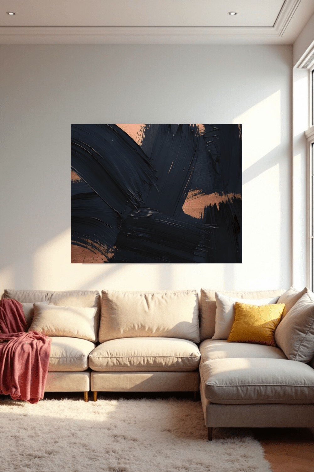 Beige sectional sofa with a yellow pillow in a room with a large abstract painting on the wall.