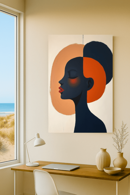 Abstract art of a woman's face on a wall above a desk with a window view.