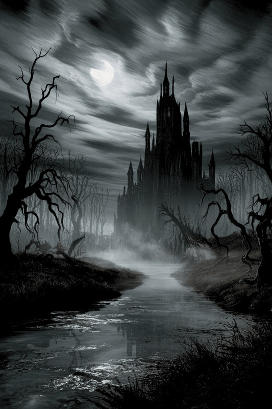 Mysterious castle in a dark forest with a moonlit sky