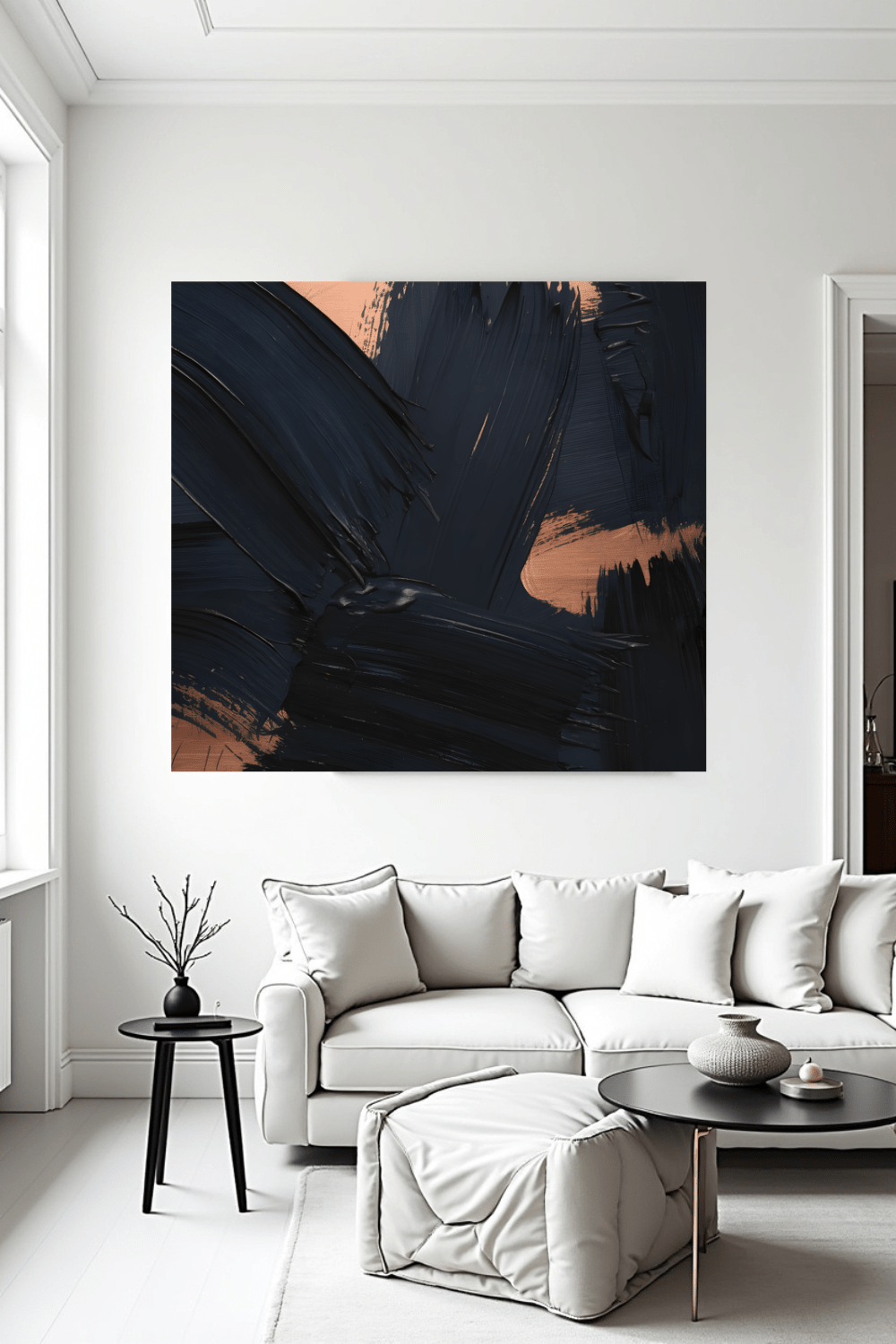 Modern living room with a white sofa, abstract painting on the wall, and minimal decor.
