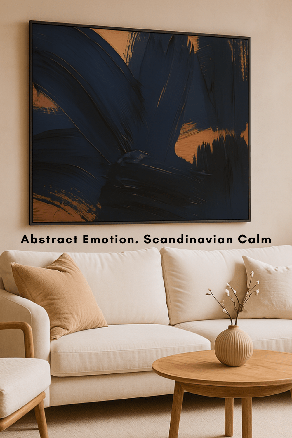 Living room with a white sofa, abstract painting, and wooden coffee table.