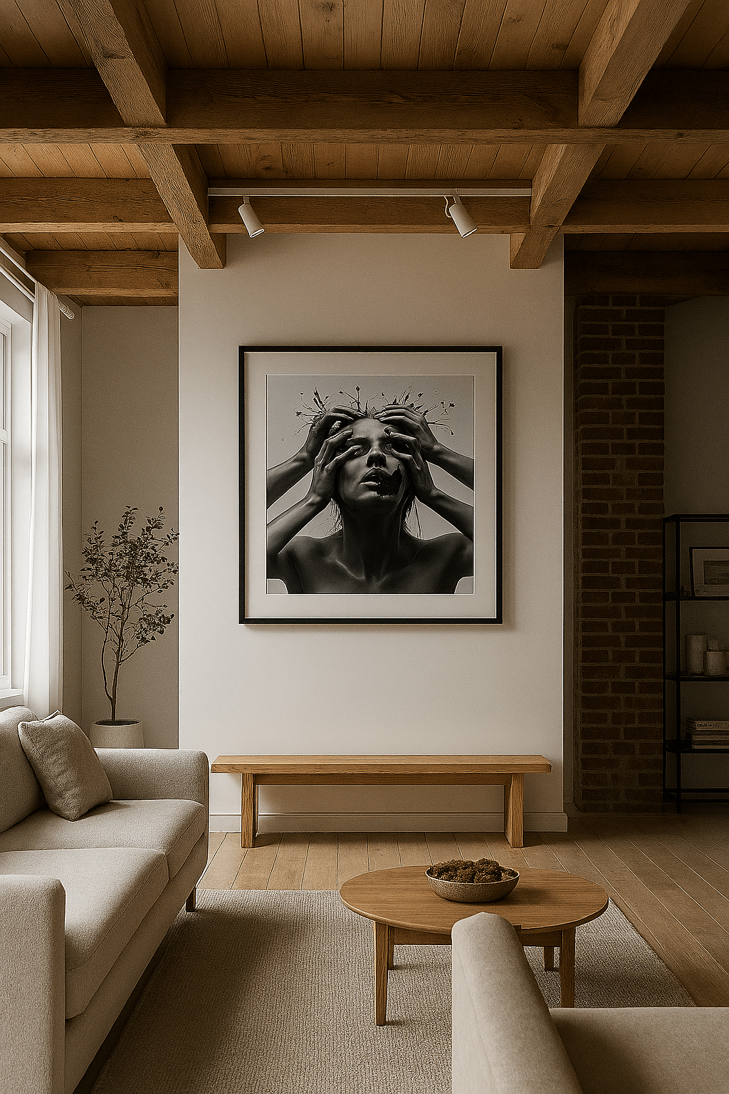 Living room with a large framed black and white portrait on the wall, beige sofa, wooden coffee table, and plant.