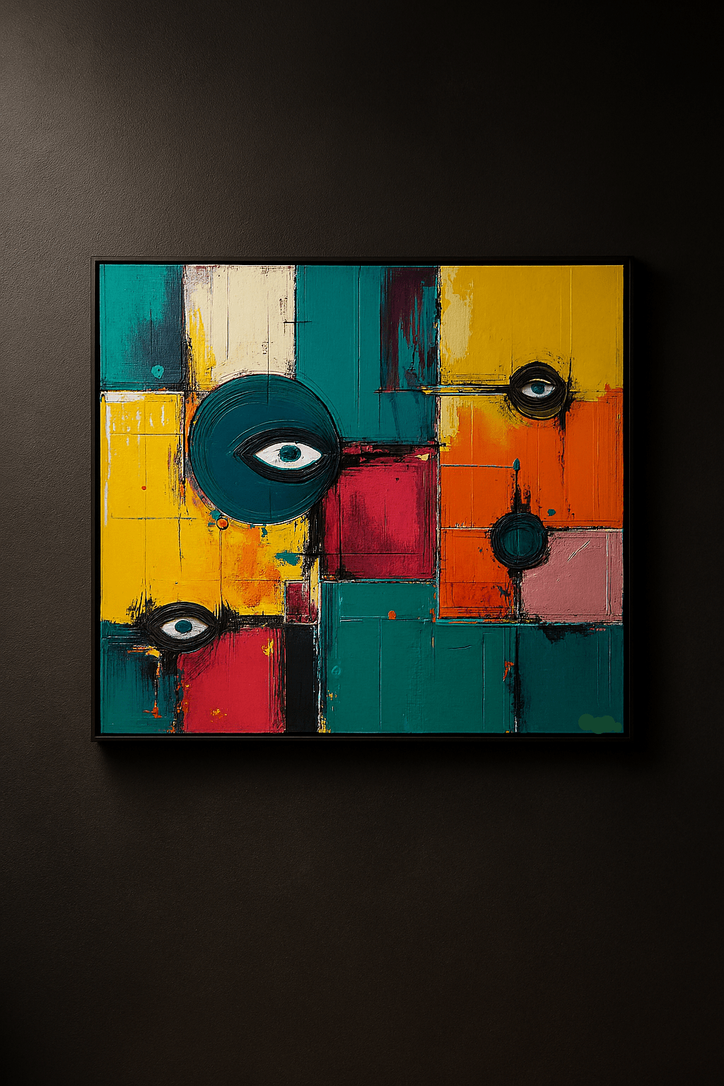 Abstract artwork with geometric shapes and bold colors on a dark background