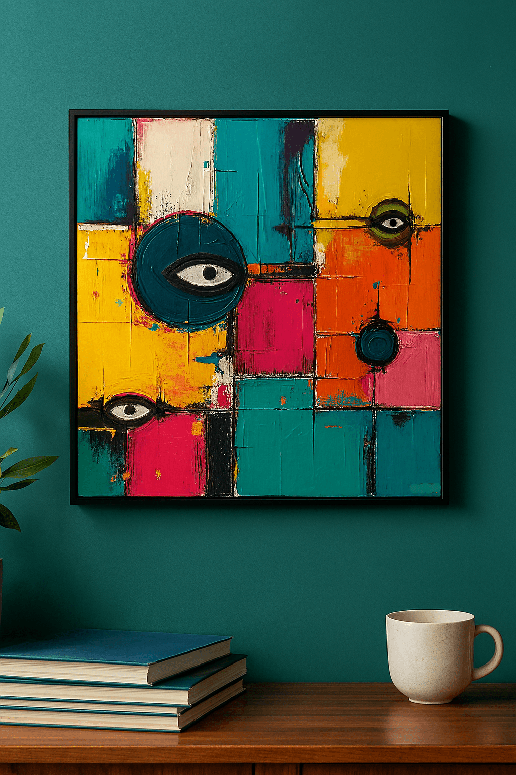 Abstract art piece with colorful geometric design on a teal wall above a wooden shelf with books and a mug.