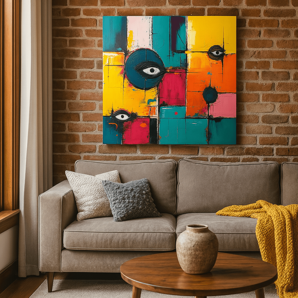 Colorful abstract painting above a beige sofa with decorative pillows and a vase on a wooden table.