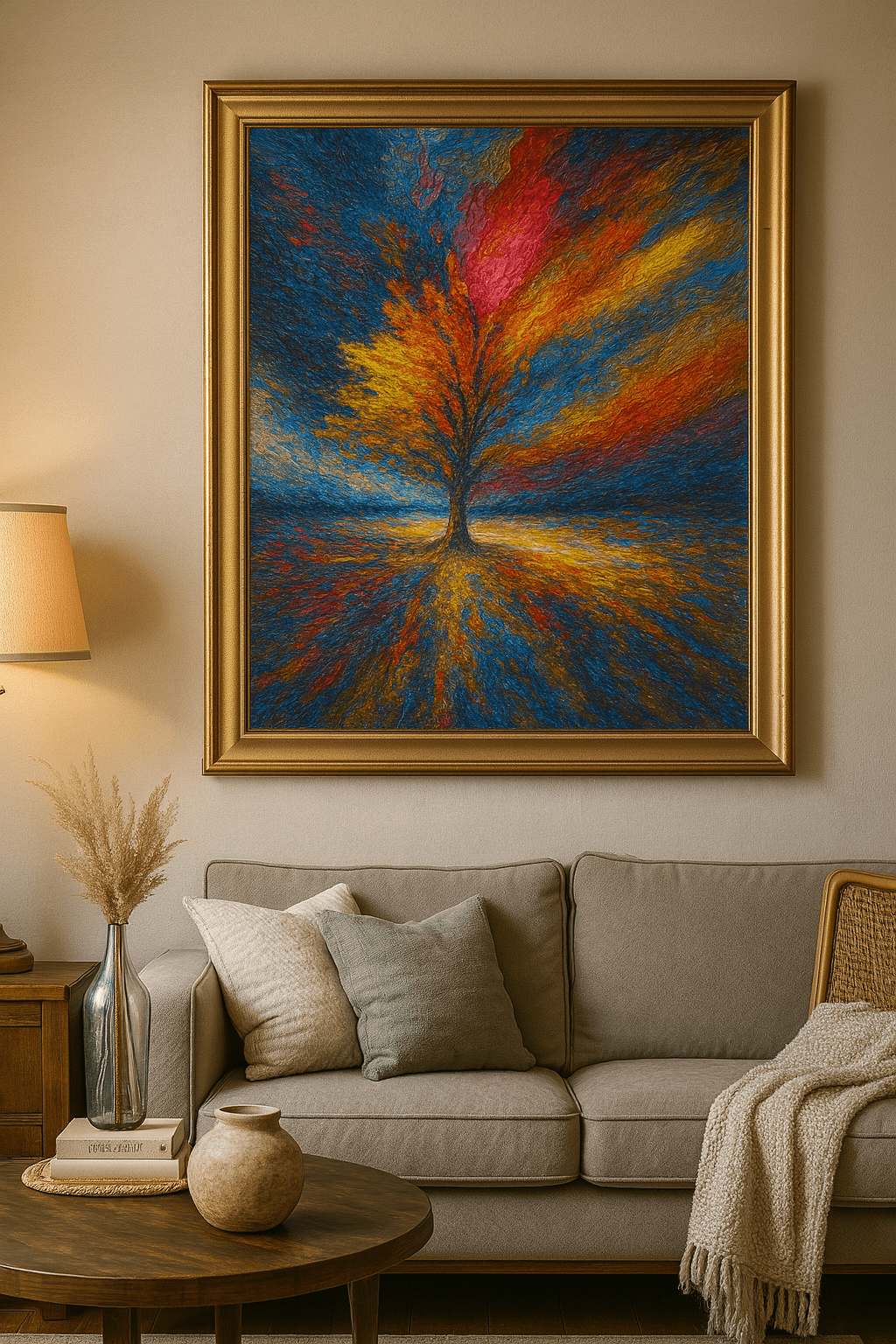 Colorful abstract painting of a tree on a wall above a beige sofa.