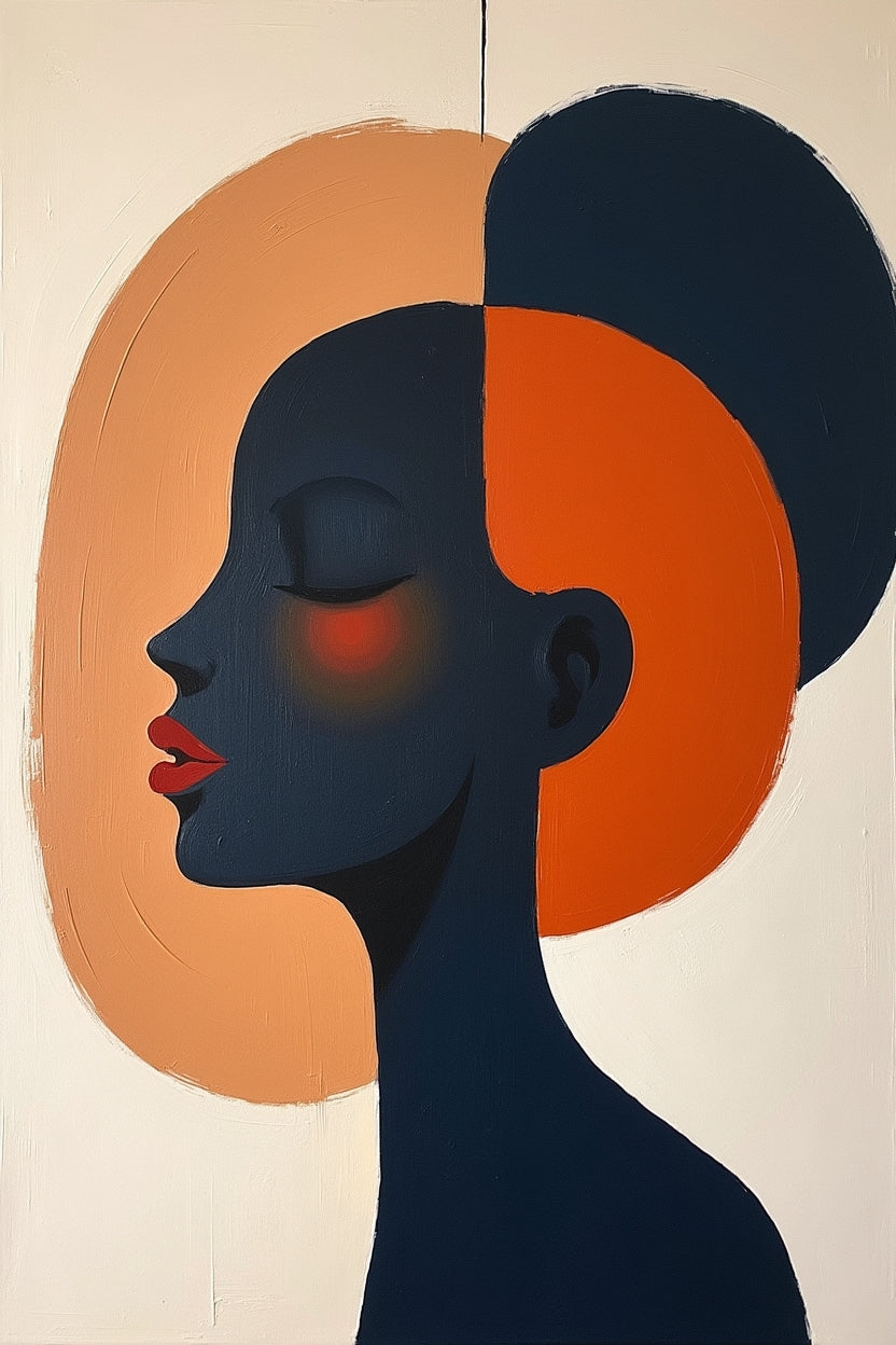 Abstract art of a stylized face with orange and black colors on a beige background