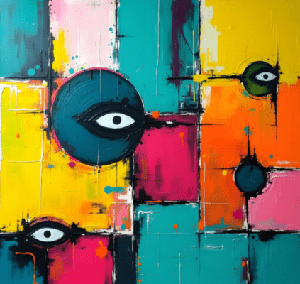 Abstract artwork with colorful blocks and eyes on a multicolored background