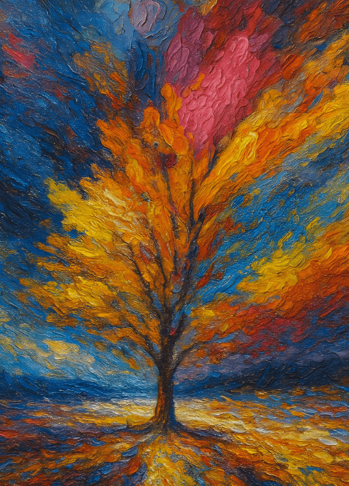 Colorful abstract painting of a tree with vibrant autumnal colors against a blue sky.