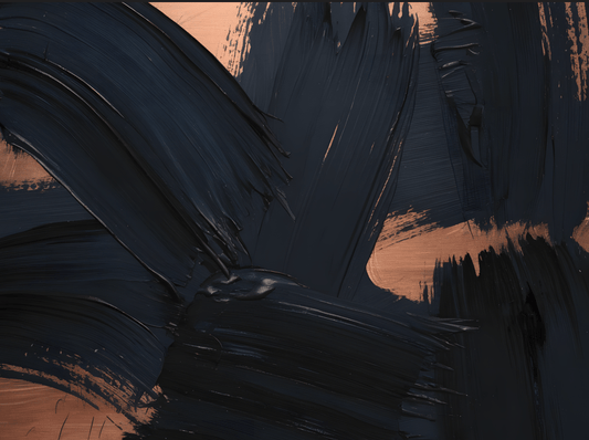 Bold masculine abstract painting with deep navy, black and copper brush strokes on textured background
