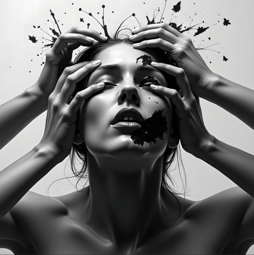 Black and white artistic depiction of a woman with hands on her head and abstract elements.